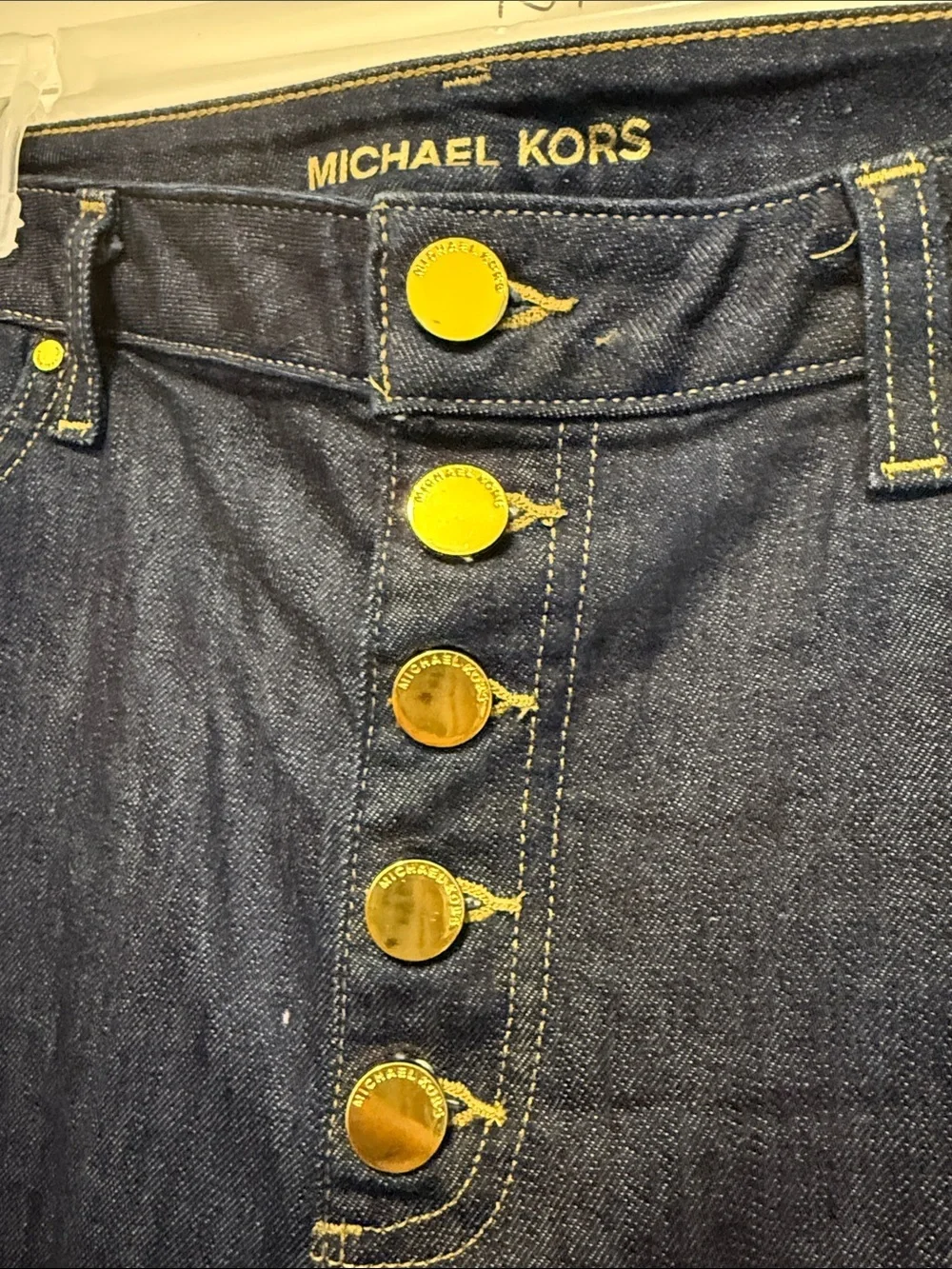 Michael Kors Dark Blue High-Rise Flare Jeans with Multi-Button Front